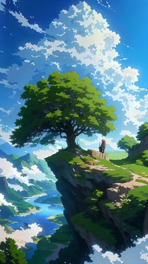 anime scenery of a man sitting on a cliff with a tree, anime nature, anime nature wallpap, anime beautiful peace scene, anime landscape, anime countryside landscape, todays featured anime still, beautiful anime scene, beautiful anime scenery, anime scenery...