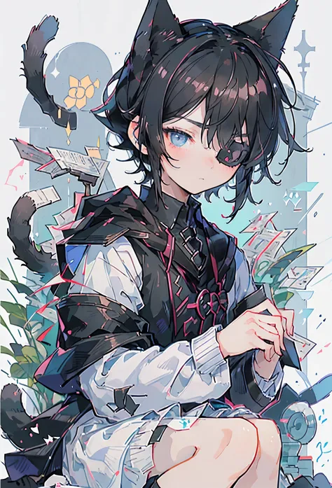 ((masterpiece, Best quality: 1.1), ((Anime boy in black school uniform)), , A black-haired boy、Short hair、Black boots、Very Beautiful Anime , anime boy, Cat ears，Charming boy teenager, Lovely character, 、Cute boy，Boy with an eye patch，Long-sleeved coat，doll