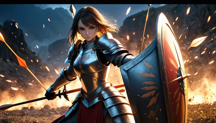 A highly detailed, 8K masterpiece of a female knight on a battlefield, holding a large shield to deflect arrows, intricate armor, determined expression, dynamic pose, sweeping landscape background, dramatic lighting, vivid colors, cinematic composition, ph...