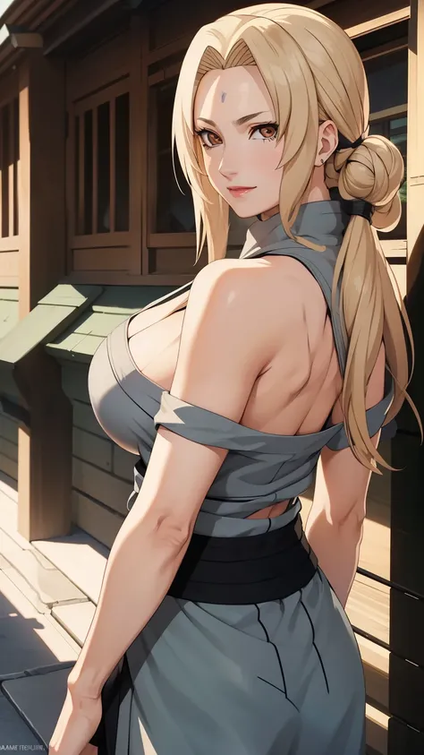 "Extremely detailed CG Unity 8K wallpapers，Tsunade, Goddess of beauty, WEARING SKIRT, focus on ass, masterpiece，outdoors，charming，best picture quality，Volumetric light，Blonde，Face turned red，Smile，Off the shoulder dress，Bangs cover one eye，looking at camer...