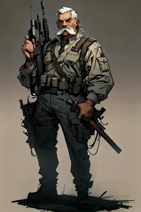 Old male full body with a rifle in hand and whit moustache in cyberpunk style