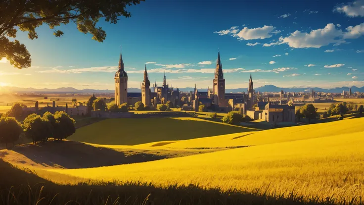 sunny morning, golden fields, fantasy medieval city in distance