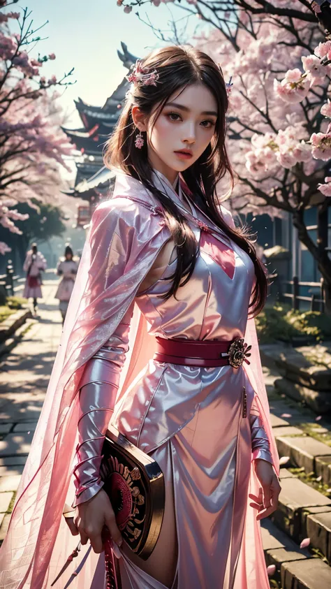 8K, UHD, Masterpiece, 1 girl, ((slim body)), good face, detailed eyes, detailed lips, very long hair, beautiful hairstyle, ((samurai outfit)), ((detailed outfit)), ((white & pink outfit)), ((mesh cape)), in the park, falling cherry blossom, depth of field,...