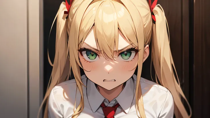 an 1 girl with blonde hair and pigtails, green eyes, Very thin, big breasts. white shirt and red tie, She is very angry, Angry.