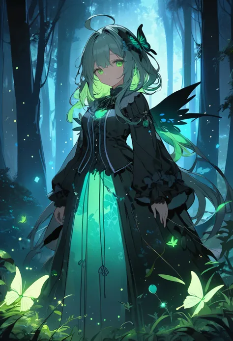 masterpiece, best quality,(illustration:1.0), 1 girl, (gothic lolita:1.2), (black big wings:1.3),(((bioluminescent lighting, green light:1.5 ,green lighting:1.5, green tint:1.5))) , (empty eyes:1.8, crazy eyes:1.3, dark pupil:1.4), glow in the dark eyes, g...