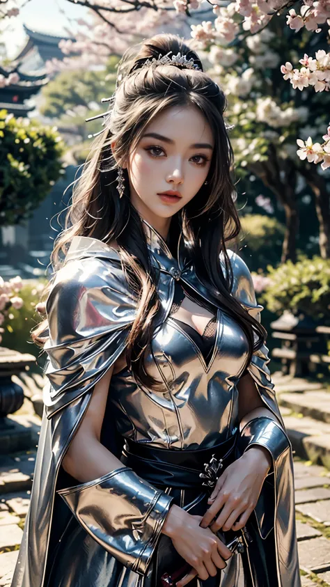 8K, UHD, Masterpiece, 1 girl, ((slim body)), good face, detailed eyes, detailed lips, very long hair, beautiful hairstyle, ((samurai outfit)), ((detailed outfit)), ((silver outfit)), ((mesh cape)), in the park, falling cherry blossom, depth of field, ray t...