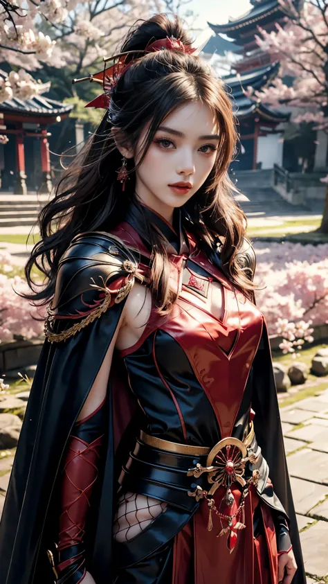 8K, UHD, Masterpiece, 1 girl, ((slim body)), good face, detailed eyes, detailed lips, very long hair, beautiful hairstyle, ((samurai outfit)), ((detailed outfit)), ((red outfit)), ((mesh cape)), in the park, falling cherry blossom, depth of field, ray trac...