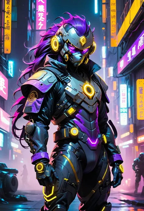 "Cyberpunk armored hero in a futuristic asymmetrical windbreaker, with neon energy accents and a golden ring headgear" "Mechanical monkey wearing a platinum exoskeleton network armor, emitting purple light" "Full-body dynamic action pose, crouching in a lo...