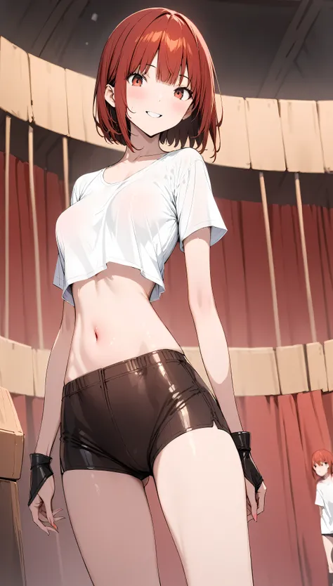 ((masterpiece,Best Quality:1.3,best quality illustrations)),cowboy shot,portrait,1woman,young adult,(short bob cut hair,red hair,small head, long bangs between eyes, red eyes,(gorgeous eyes), Impish Smile, long body,medium breasts,(Boxer、white T-shirt,nave...