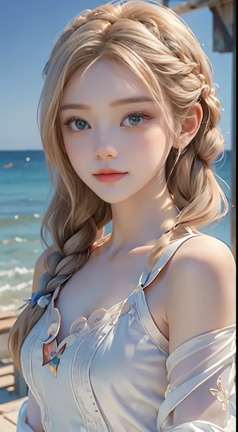 There was a girl coming up from the sea., Swan Princess from Russian legend, Beautiful, calm face, blue eyes long blonde hair braided into a single braid, The moon is woven into the hair at the nape of the neck., Old Russian clothes in shining white, Putti...