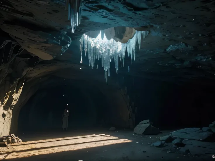 a huge cave, massive cave, cave interior, cave walls, cave ceiling, glowing crystals, stalagmites, stalactites, dramatic lighting, moody atmosphere, fantasy landscape, cinematic,  (best quality,4k,8k,highres,masterpiece:1.2),ultra-detailed,(realistic,photo...