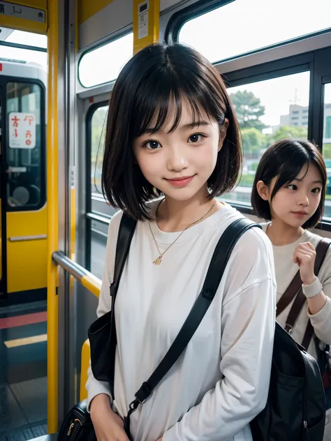 Japanese female elementary school student, , baby face, child, hands behind back, casual clothes, light rail transit behind, smiling