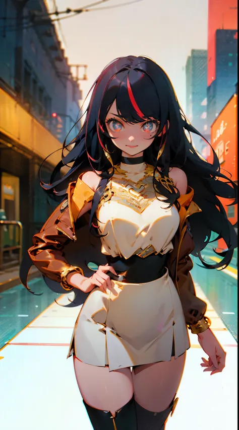 ((1 anime girl, amazing, cute girl)), (Masterpiece, Beautiful and aesthetic:1.2),((Golden ratio)), (Physically-based rendering), city background, Sharp focus, (Bright colors，illumination，cropped shoulders, open waist), Intricately detailed clothing, Delica...