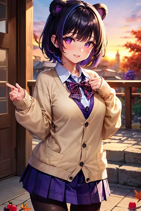 {worst quality, low-quality}, masutepiece,Best Quality,ultra-detailliert,​masterpiece, (Beautiful sunset), ((Bear-eared chemomimi girl)), ((Black-haired berry short,Purple and blue inner colors:1.4)), (beautiful purple eyes),,  Autumn leaves, fallen leaves...