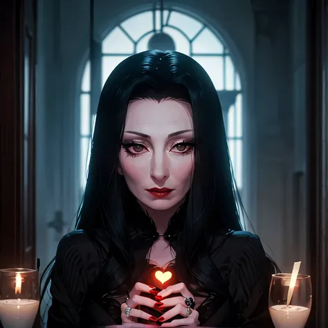 actress anjelica huston dressed as morticia addams, all romantic, holding heart, lighting in the eyes, seductive eyes, highly de...