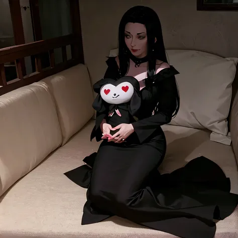 Actress AnJelica Huston dressed as Morticia Addams, Long black dress, full body, holding plush heart, I love you Maia written in my heart, romantic, everything delicate