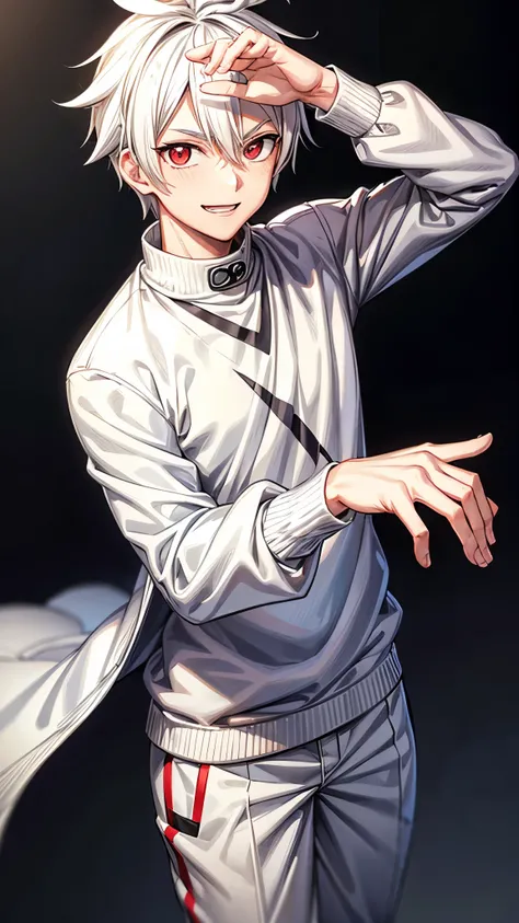 MASCULINE, Young, vtuber style, Boruto-like white hair, all white sweatshirt, gray pants, vibrant dark red eyes, solo, smile, half body