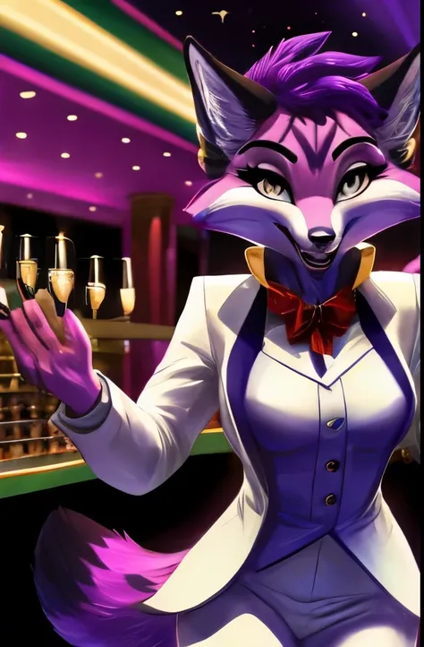 A female purple fox, purple dyed fur, gold eyes, purple hair, smiling, walking in a fancy casino, wearing an elegant white suit, wide open mocking smile, laughing, lifting her arms, doing a taunting pose, wearing a white hat, lifting her index fingers, fac...