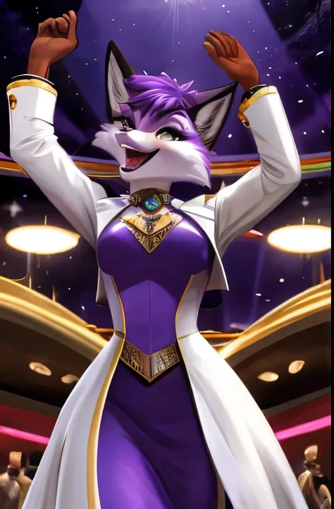 a female purple fox, purple dyed fur, gold eyes, purple hair, smiling, walking in a fancy casino, wearing an elegant white suit,...