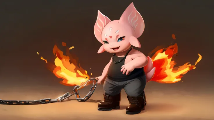 Anthropomorphic axolotl, its colors are similar to fire and are more intense depending on your feelings, normally silly expression, wears a black shirt and gray pants with chains and thick brown boots, thin build, coffee lover 