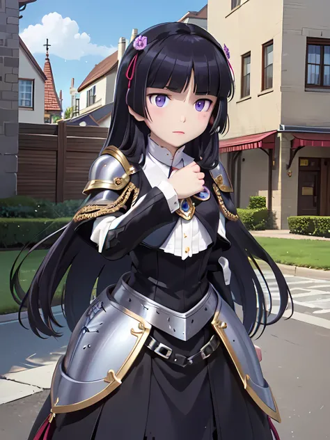 Paladin, (ruri gokou), 1 female, Alone, Black Hair, Hime cut, Long Hair, (armor), pocket, wearing PLD_armor, middle ages, city, Blue Sky