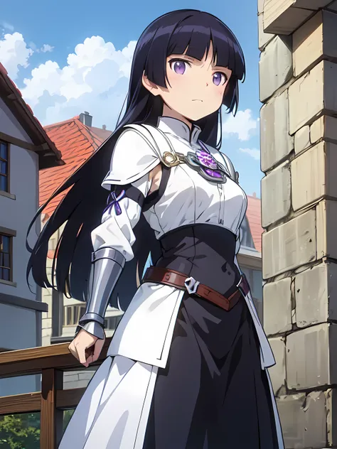 Paladin, (ruri gokou), 1 female, alone, Black Hair, hime cut, Long Hair, (armor), medieval period, city, Blue Sky, Silver Armor, 