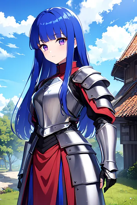 (rika furude), blue hair, purple eye, long hair, blunt bangs, bangs, childhood, , woman, alone, (armor), medieval period, city, ...