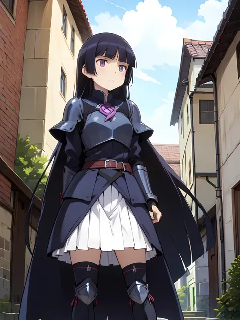 (ruri gokou), 1 female, alone, Black Hair, hime cut, Long Hair, (armor), medieval period, city, Blue Sky, Silver Armor, 