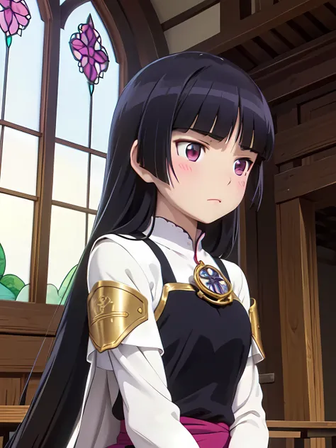 (ruri gokou), 1 female, alone, Black Hair, hime cut, Long Hair, (armor), medieval period, Temple, Praying Female Paladin, Silver Armor, Bowing Head, Stained glass with light streaming in, Quiet atmosphere