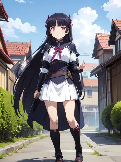 (ruri gokou), 1 female, alone, Black Hair, hime cut, Long Hair, (armor), medieval period, city, Blue Sky, Silver Armor, Paladin, full body