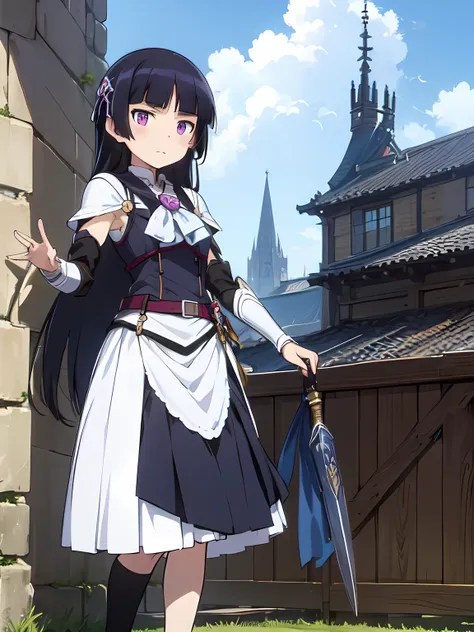 (ruri gokou), 1 female, alone, Black Hair, hime cut, Long Hair, (armor), medieval period, city, Blue Sky, Silver Armor, Paladin, Long skirt, full body