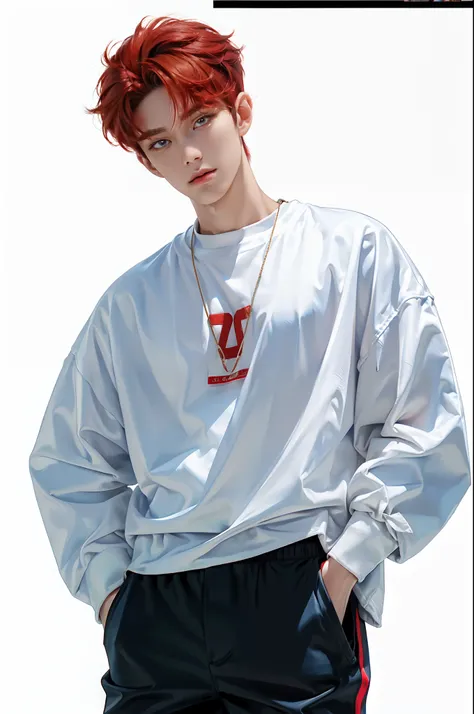 (4K)) ((very high quality)) ((white background)) ((amber-red hair color)) ((blue trousers))  стоит прмо One участник к-поп группы, Yunjun has a refined and attractive appearance....., which immediately distinguishes it from others. He has soft facial featu...