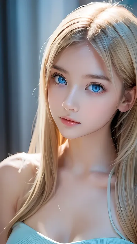 Extraordinary sexy beauty、Beautiful calm and bright expression、Large, incredibly bright light blue eyes that shine beautifully、Very big eyes are very beautiful、Baby face and refreshing appearance、Perfect beautiful pretty face with bangs over the face、Long ...