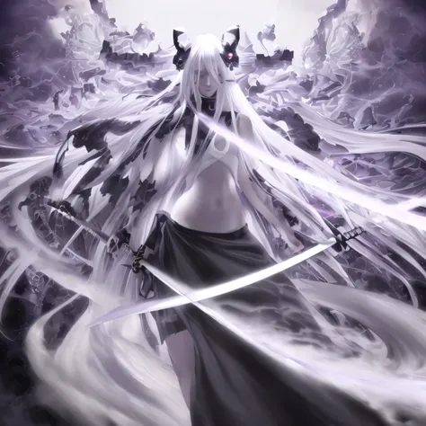 (best quality, masterpiece:1.2), anime girl, realistic anime anime realistic, smooth anime cg art, 2d animation, 8k, realistic chaos style, white hair, wearing half black half white clothes, purple aura flying skulls, holding very long katana, very long ha...