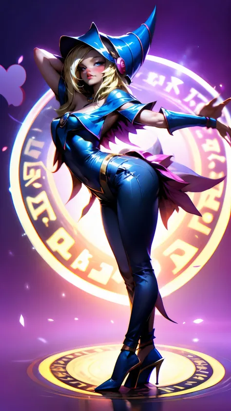 dark magician gils, with high-heels. Pants,  sexy, Subjective and sensual pose. magic background. Magical heart in the air. magic circle 