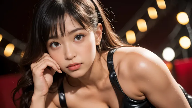 ((sfw:1.5))、1 female、Face only、Plump Cheeks、((Dimples))、Black leather swimsuit、 (Big Eyes:1.2)、Yaiba、White and transparent skin、Incredibly small waist、Structurally correct、(Sexy pose:1.5)、 (RAW Photos:1.2), (16k、RAW Photos, Best Quality), masterpiece、(Actu...