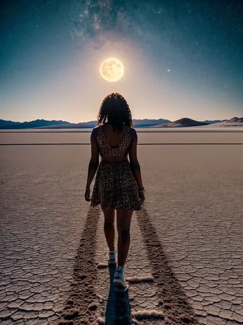 Masterpiece, best quality, ((salt flat)), 4K,8K,style,masterpiece, create a black woman, at night long charge, ((ultra-detailed)), outdoors, night, nature, (stars, full moon), shadows, contrast, clear sky, (style, (film grain: 1.3), (warm hue, warm tone): ...