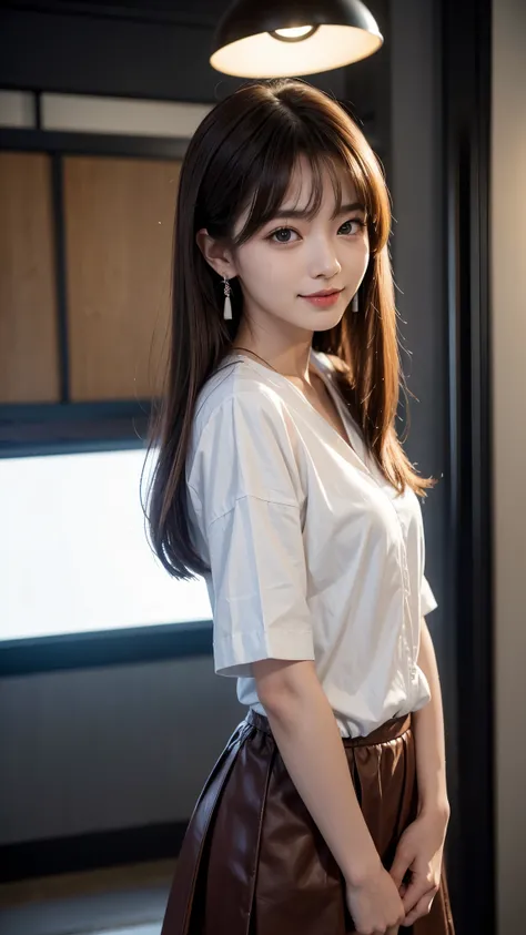 Standing Japanese woman、Hands behind back:1.5、1 person、Perfect beauty、university student、actress、Full body portrait、Small face、Precise and beautiful eyes、Medium build、Model-like proportions、Wearing a shirt、Wearing a skirt、Bright interior、, light brown hair...