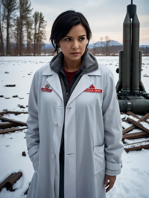 Science Fiction,Sci-Fi Movies,Artillery,Long-Range Missiles,Based on the Movie Foundation ,Woman,Adult,Protagonist,2,hopeful face,brown eyes,short hairstyle,black hair with white gray,scientist uniform,white researcher coat,open meadow,rebel,chaotic,future...