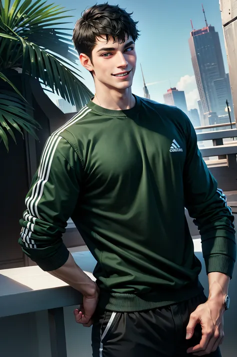 handsome young man, badboy . black hair short hair, blue eyes, masterpiece, ombros largos,  Absurd, sunny day, beautiful and detailed face, looking and smiling at the viewer, adidas dark green long sleeve loose oversized sweater