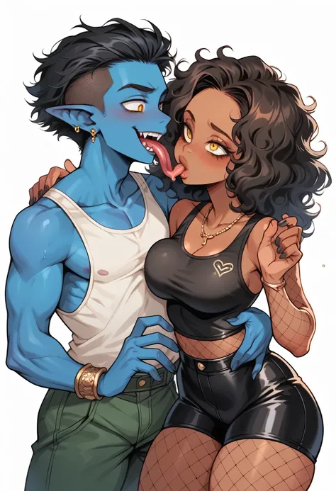 2 people in this image.  Almond-eyed Dark Mocha-skin tonned African-American woman with long dark curly hair, juicy lips, a large chest, thick thighs, Perfect hands, and perfect feet. She is wearing a black tank top and a black plated skirt with fish nets....