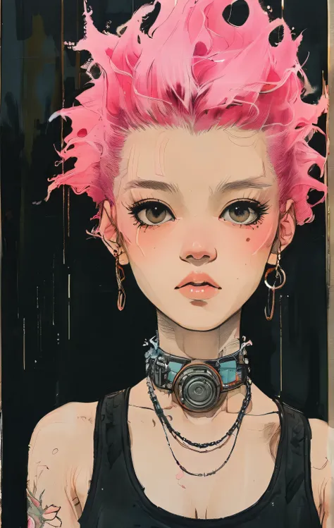 a detailed photograph of a young japanese woman with an extravagant pink Mohawk, punk rock, extremely realistic, muted colors, soft lighting, 8k, hi-res,