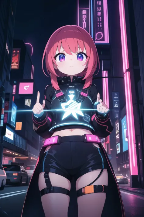 masterpiece, Best quality super detailed, Anime style, In the high-tech city, A cute girl directing electricity, Sparks flow along her fingertips. Her cyberpunk-style outfit, A circuit-like pattern, She harnesses the energy of the urban landscape，Resonate ...