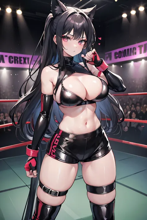 gorgeous hot sexy female WRESTLER, she long flowing wild curly raven black hair, her eyes are big and expressive, she has full pouty lips, gorgeous knockout body, Sexy tapered hips and sexy strong squishy thighs, long legs, she has cute heart stickers on h...