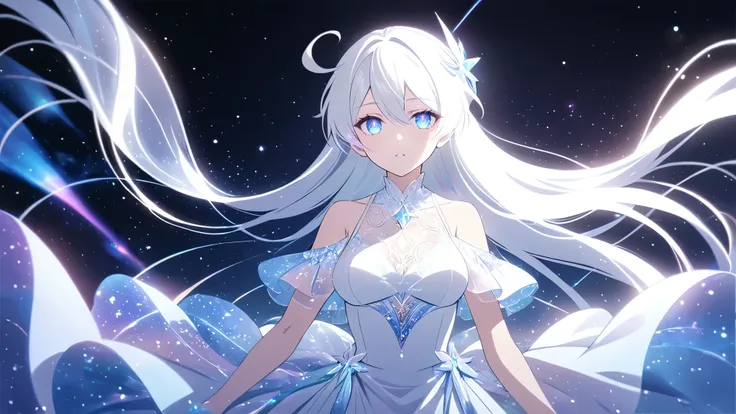 A beautiful young woman with long white hair falling gracefully like a shooting star from the night sky, wearing a flowing white dress with a symmetrical, highly detailed face, surrounded by translucent multicolored glitters in a soft, dreamy, and dramatic...