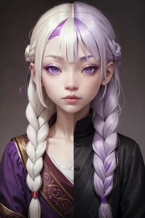 (albino) (asiatic) (1) (heterocrhomia) (left eye red) (right eye purple) (white one braid hair) (woman)