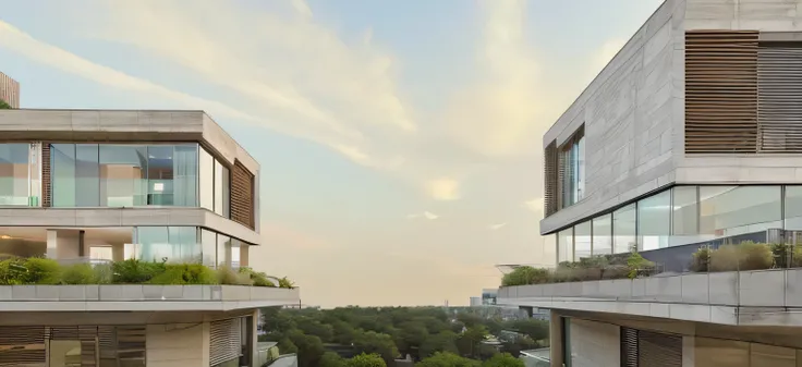 there are two buildings with balconies on each of them, architectural shot, concrete housing, arhitectural shot, architectural rendering, zenith view, empty buildings with vegetation, tall terrace, sustainable architecture, nature meets architecture, lands...