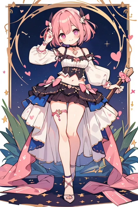 High resolution, masterpiece, Anatomically correct, Best Quality, One girl, smile、Blushing、Short Hair、Large, wide eyes、Pink Hair,Choker、Heart symbol、Simple Background、Shoulders stick out、I can see your belly button、Thighs、mini skirt、High heels、Idol、Starry ...