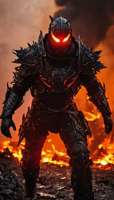 The Inferno Revenant stalks through a devastated urban wasteland, his faceless mask a perfect, polished surface that reflects the flames licking at the ruined city around him. The mask is jet-black, smooth and featureless, save for glowing cracks spiderweb...