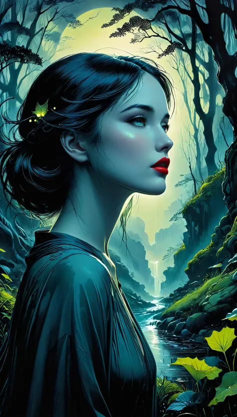 masterpiece hyper-realistic work of art, God give me the answers to my dreams, style of Eyvind Earle and Raymond Duchamp-Villon, in, [low angle, detailed lips and eyes, financially struggling, wild expressions, mysterious atmosphere, darkness encompassing,...